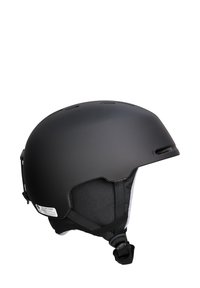 Zwarte skihul met een soepele matte afwerking, verstelbare kinband, ventilatiegaatjes bovenop en een gevoerde binnenkant voor comfort.