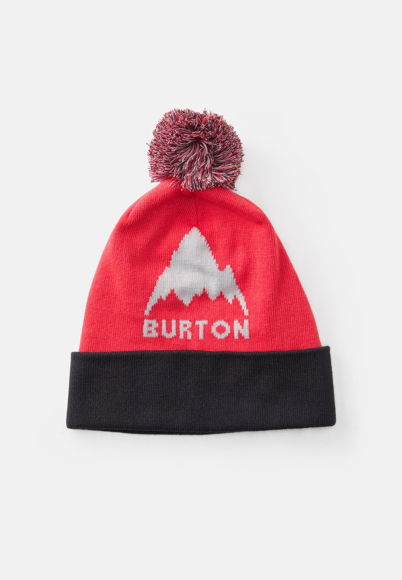 Červená pletená čiapka s čiernym okrajom, s bielou grafikou hory a textom "BURTON". Má na vrchu textúrovanú, viacfarebnú pom-pom.