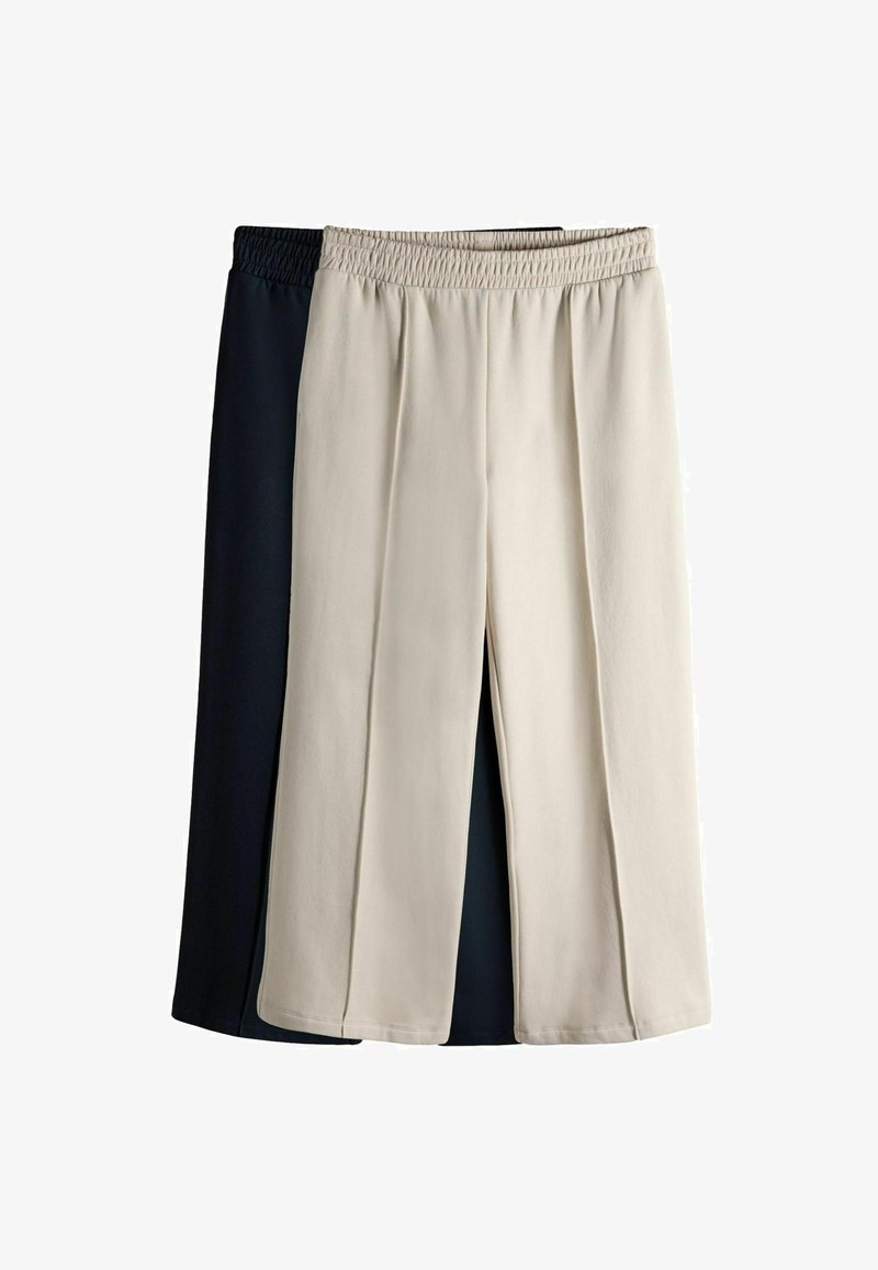Dos pares de pantalones de pierna ancha, uno crema y otro marino. Ambos presentan cinturillas elásticas y una textura suave. Sin patrones visibles.