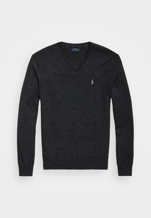 Donkergrijze trui met lange mouwen en V-hals met klein wit Polo Ralph Lauren paardenlogo op de linkerborst.