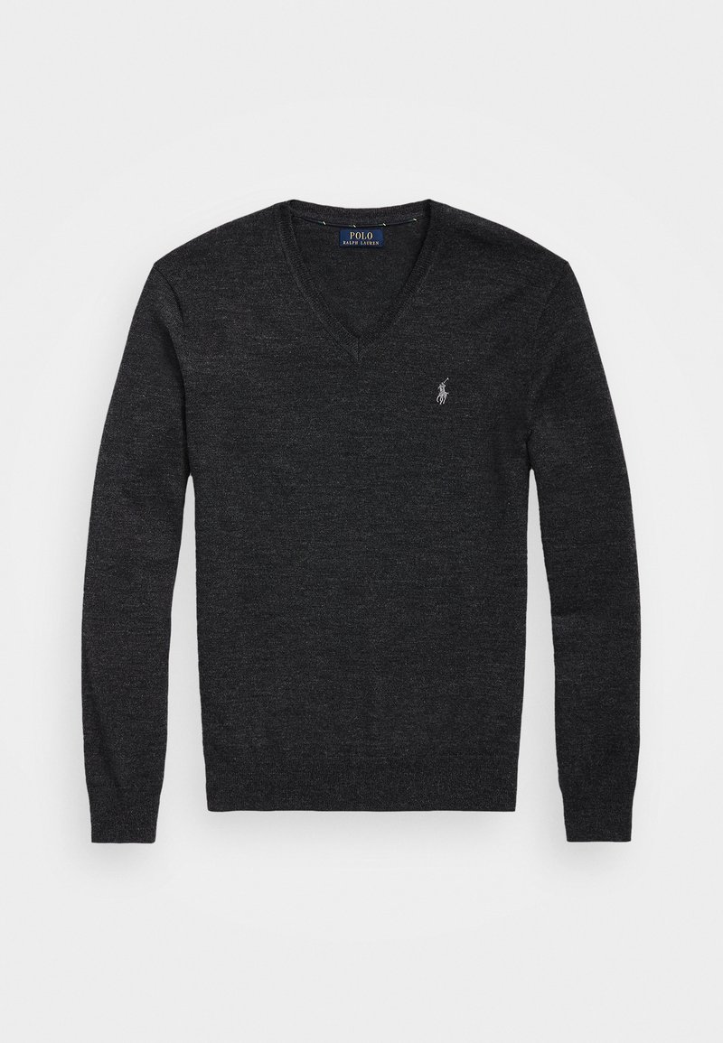 Pull gris foncé à manches longues col en V avec petit logo cheval blanc Polo Ralph Lauren sur la poitrine gauche.