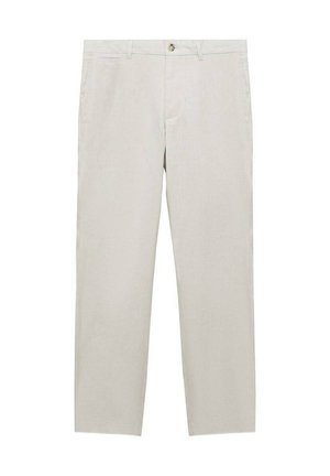 Light beige trousers made of fabric with a smooth texture. Straight-leg design, featuring a front button closure and side pockets.