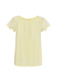 Gul kortærmet bluse med løs pasform, der har broderie anglaise detaljer på ærmerne og en rynket halsudskæring. Letvægtsstof.