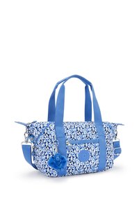 Borsa blu a fantasia con esterno liscio, dotata di due manici, una tracolla removibile e un portachiavi a forma di scimmia in peluche attaccato alla zip.