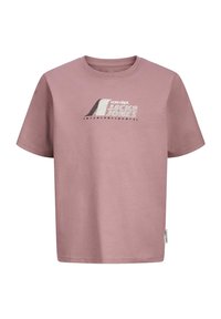 Helles rosa Baumwoll-T-Shirt mit Rundhalsausschnitt, kurzen Ärmeln und einem grafischen Druck, der "JACK & JONES" in Schwarz und Silber zeigt.