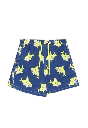 Costume da bagno blu con coulisse in vita, decorato con un motivo ripetuto di squali gialli sorridenti stile cartone animato.