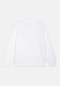 White sweatshirt featuring a crew neckline, long sleeves, and ribbed cuffs with a smooth texture and no visible logos or patterns.