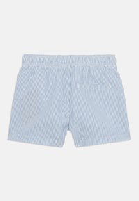 Shorts rayés bleu clair et blanc avec une ceinture élastique. Dotés d'une poche arrière unique et d'un tissu doux et texturé.