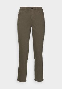 Jeans verde-oliva de perna reta feitos de tecido de algodão misto. Apresenta cinco bolsos, fecho de botão metálico e costura resistente.