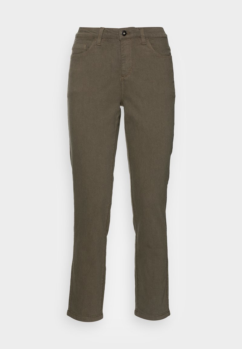 Jeans verde-oliva de perna reta feitos de tecido de algodão misto. Apresenta cinco bolsos, fecho de botão metálico e costura resistente.