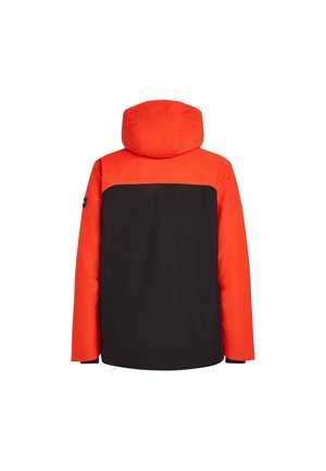 Chaqueta con capucha que presenta un cuerpo negro y una parte superior y mangas de color naranja brillante. Textura suave sin hardware visible ni patrones.