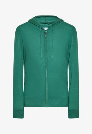Zielona bluza z kapturem na zamek, wykonana z teksturowanego materiału, z kapturem, długimi rękawami oraz ściągaczami przy mankietach i u dołu.