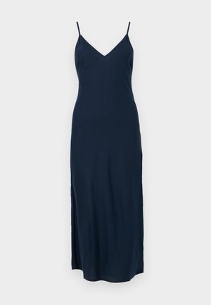 Navy blue, sleeveless maxi dress with a V-neck, side slit, and smooth texture, designed for a fitted silhouette.