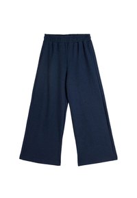 Navyblaue, weit geschnittene Hosen aus strukturiertem Stoff mit einem elastischen Bund. Das Design bietet eine lockere Passform und gerade Beine.