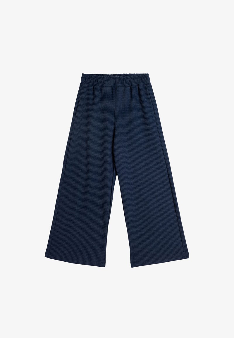 Navyblaue, weit geschnittene Hosen aus strukturiertem Stoff mit einem elastischen Bund. Das Design bietet eine lockere Passform und gerade Beine.