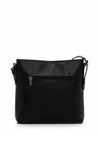 Sac bandoulière en cuir noir avec finition texturée, comportant une poche avant zippée et une sangle réglable. Design simple et pratique.