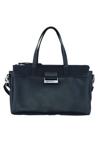 Borsa a mano in pelle nera con superficie testurizzata, doppi manici superiori, chiusura con zip e tracolla removibile. Caratterizzata da elementi in metallo color argento.