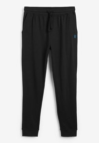 Pantaloni de sport negri dintr-un material moale, cu talie ajustabilă prin șnur, buzunare laterale și un logo mic albastru pe piciorul stâng.