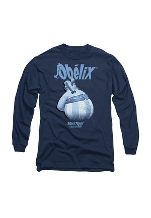 Navy long-sleeve shirt featuring a cartoon character, Obélix, shown in a light blue design with bold text and round shapes.
