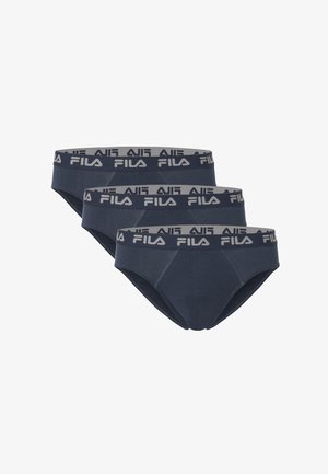 Tre slip da uomo blu navy con fascia elastica grigia con il nome del marchio FILA in lettere bianche.