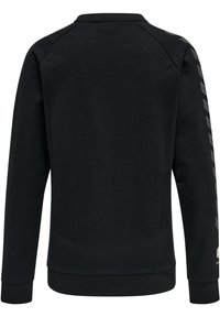 Svart sweatshirt med långa ärmar, med en ribbad crewneck och mudd, samt ett subtilt logomönster längs ärmen. Mjuk textur.