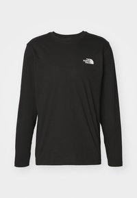 Schwarzes langärmeliges T-Shirt aus Baumwolle mit rundem Ausschnitt und weißem Logo auf der oberen linken Seite. Einfaches Design, keine Muster.