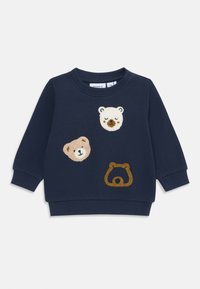Marinblå bomulls sweatshirt med tre applikationsbear-ansikten i beige, vitt och brunt. Ribbad mudd och nederkant. Klassisk rund halsringning.