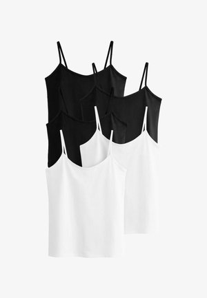 Pack de cinq camisoles en noir et blanc. Chacune possède des bretelles spaghetti réglables, un décolleté droit et une texture de tissu douce.