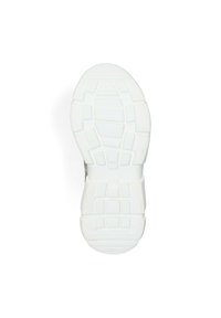 Witte sneakerzool met een gestructureerde buitenzool, voorzien van duidelijke tractionpatronen en een licht verhoogde rand bij de hak voor ondersteuning.
