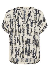 Blouse à manches courtes en tissu léger, avec un motif abstrait vertical bleu marine et vert sur fond crème ; décolleté en V, coupe décontractée.