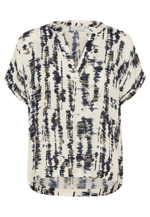 Kortekleurige blouse met korte mouwen van een lichte stof, voorzien van een verticale abstracte print in marineblauw en groen op een crèmekleurige achtergrond; v-hals, ontspannen pasvorm.