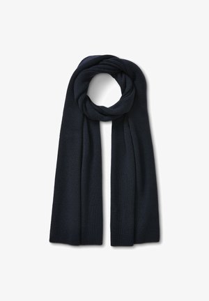 Dunkelblaues gestricktes Tuch mit gerippter Textur, das ein langes, flaches Design aufweist und nach Belieben gewickelt oder geschichtet werden kann.