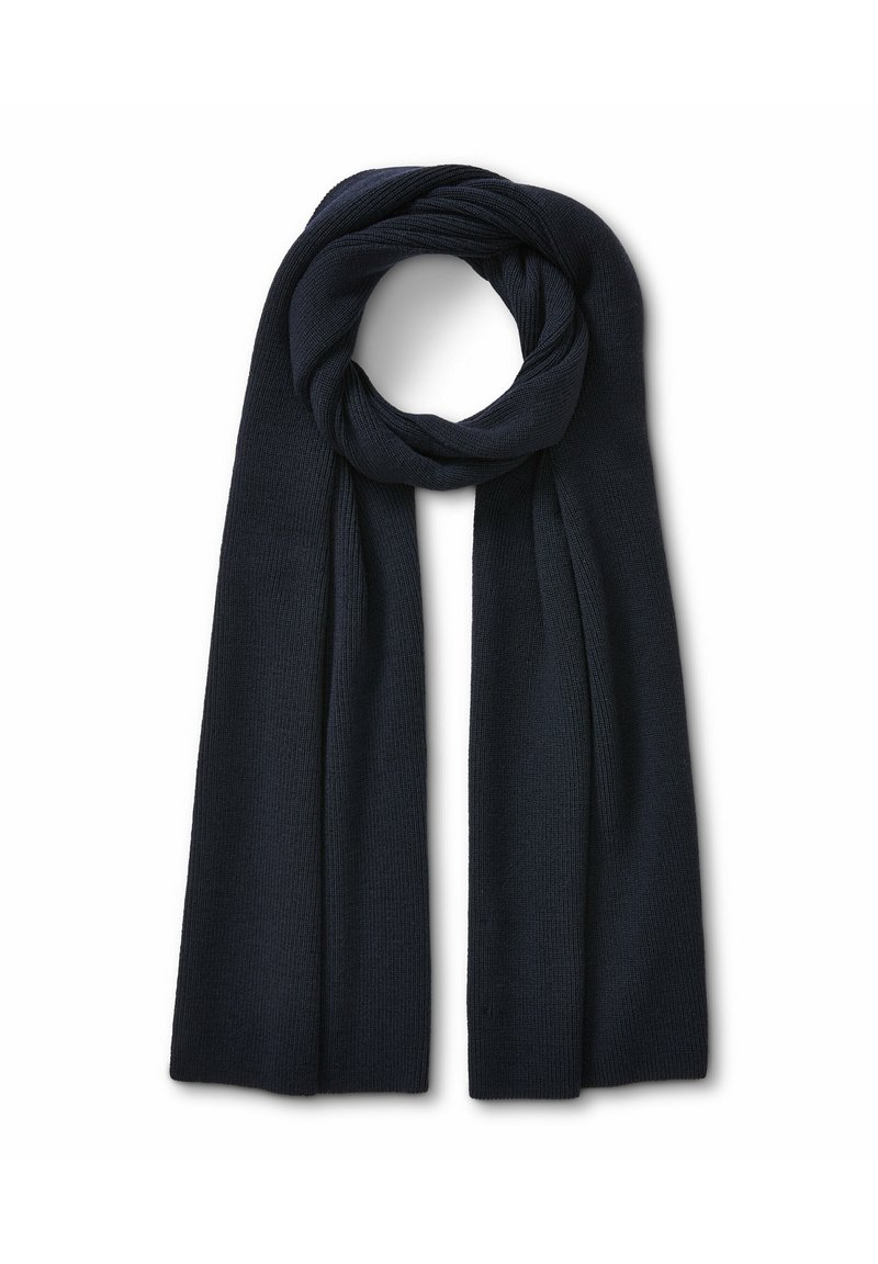 Sciarpa lavorata a maglia di un blu navy scuro con una texture a coste, caratterizzata da un design lungo e piatto che può essere avvolto o stratificato secondo necessità.