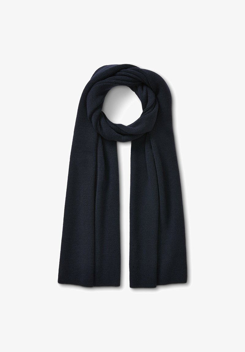 Sciarpa lavorata a maglia di un blu navy scuro con una texture a coste, caratterizzata da un design lungo e piatto che può essere avvolto o stratificato secondo necessità.