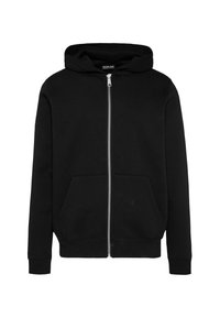 Schwarze Zip-Hoodie mit einem Front-Reißverschluss, zwei vorderen Taschen und einer Kapuze mit Kordelzug. Hergestellt aus weichem Baumwollmischgewebe mit gerippten Bündchen.