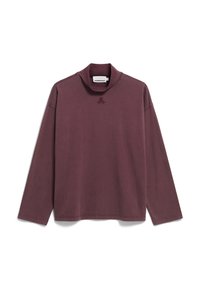 Langärmliger, dunkelmauvefarbener Pullover mit lockerem Stehkragen und kleinem gesticktem Logo unter dem Kragen.