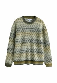 Knit sweater featuring a diamond pattern in green, yellow, and grey with a round neck, ribbed cuffs, and hem. Texture appears soft.