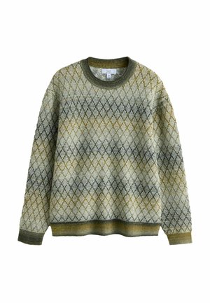 Knit sweater featuring a diamond pattern in green, yellow, and grey with a round neck, ribbed cuffs, and hem. Texture appears soft.