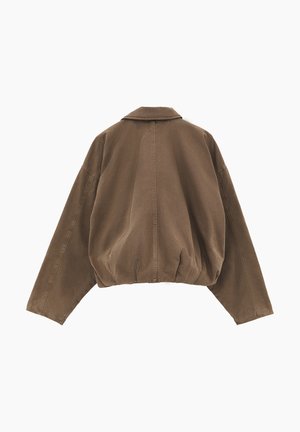 Chaqueta marrón de gran tamaño con mangas largas, cuello, costura central trasera y dobladillo elástico, mostrada desde atrás sobre un fondo blanco.