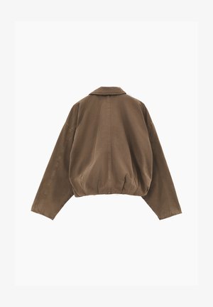 Veste marron surdimensionnée à manches longues, col, couture centrale au dos et ourlet élastiqué, vue de dos sur fond blanc.