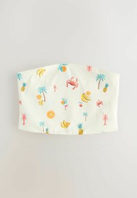 Baltas audinio maišelis su ryškiomis tropinėmis figūromis, įskaitant bananas, ananasus, krabus ir palmės. Švelni tekstūra, šiek tiek stačiakampio forma.