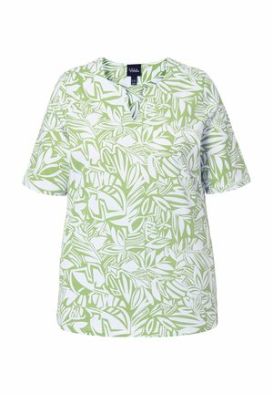 Ulla Popken, ABSTRACT FOLIAGE SHORT SLEEVE SPLIT NECK TEE - T-shirt con stampa - harmonious grass green