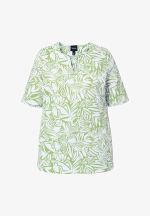Ulla Popken, ABSTRACT FOLIAGE SHORT SLEEVE SPLIT NECK TEE - Print T-shirt - harmonious grass green