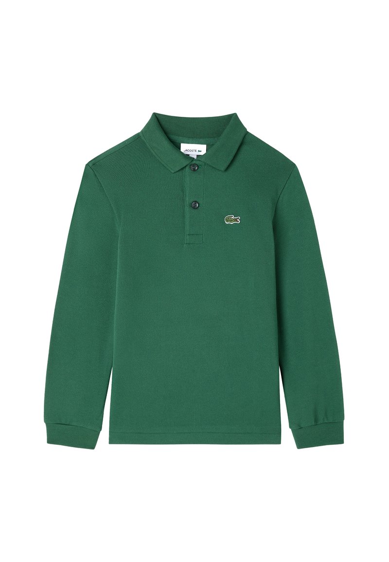 Grön långärmad polo-shirt med krage och två knappar, med en liten broderad krokodil-logotyp på vänster bröst.