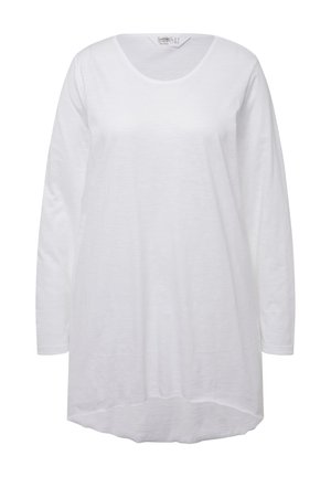 Witte T-shirt met lange mouwen gemaakt van lichtgewicht stof, voorzien van een ronde halslijn en een licht gebogen zoom voor een ontspannen pasvorm.