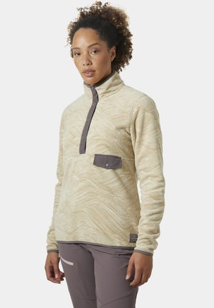 Beige fleece pullover met golvende textuur, hals met half-rits, grijze zak en contrasterende grijze details op de knoopsluiting en mouwen.