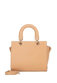 Beige leren handtas met ronde bovenhandvaten, gouden hardware en een afneembare schouderband. Heeft een gestructureerde vorm en een minimalistisch ontwerp.