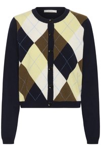 Kootud kardigan, mille põhivärv on tumesinine ja millel on argyle muster kreemi, kollase, pruuni ja helesinisega. Mustad nupud ja soonilised mansetid.