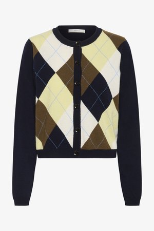 Neulejakku, jossa laivastonsininen pohja ja argyle-kuviointi kerman, keltaisen, ruskean ja vaaleansinisen sävyissä. Mustat napit ja resorit hihansuuissa.