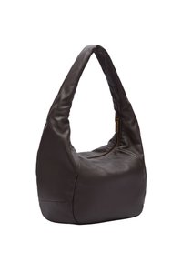 Braune Leder-Hobo-Tasche mit geschwungener Form, weicher Textur und einem Reißverschluss an der Seite. Verstellbarer Tragegurt für bequemen Transport.